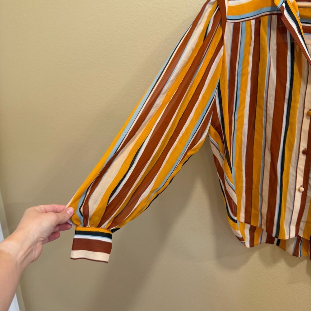 Frame Silk Yellow Tan Striped Overized Retro Button Front Long Sleeve Blouse XS - Picture 12 of 13